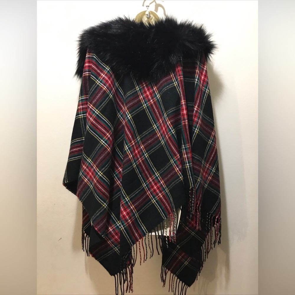 J. Crew Black Plaid Wrap with Faux Fur Collar - Picture 9 of 10